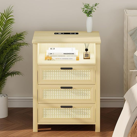 Rattan Nightstand with Charging Station, Night Stand with 3 Drawers and Open Shelf, Bed Side Table with LED Lights for Bedroom, Living Room, Natural Wood - LeafyLoom