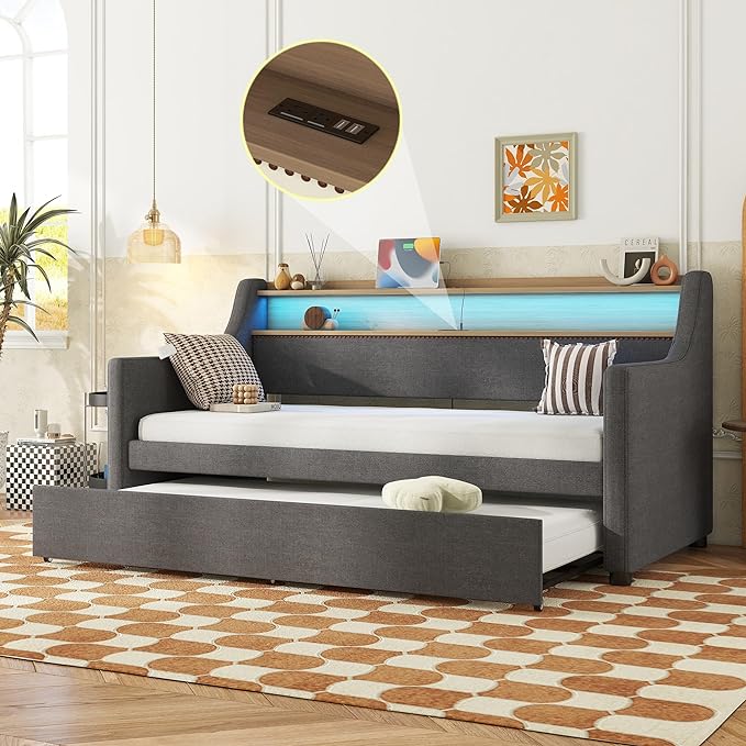 Twin Size Upholstered Daybed with Trundle, Twin Linen Sofa Bed Daybed with Charging Station and LED Lights, Day Bed Frame w/Headboard & Wood Slat Support for Bedroom, Living Room, Gray - LeafyLoom