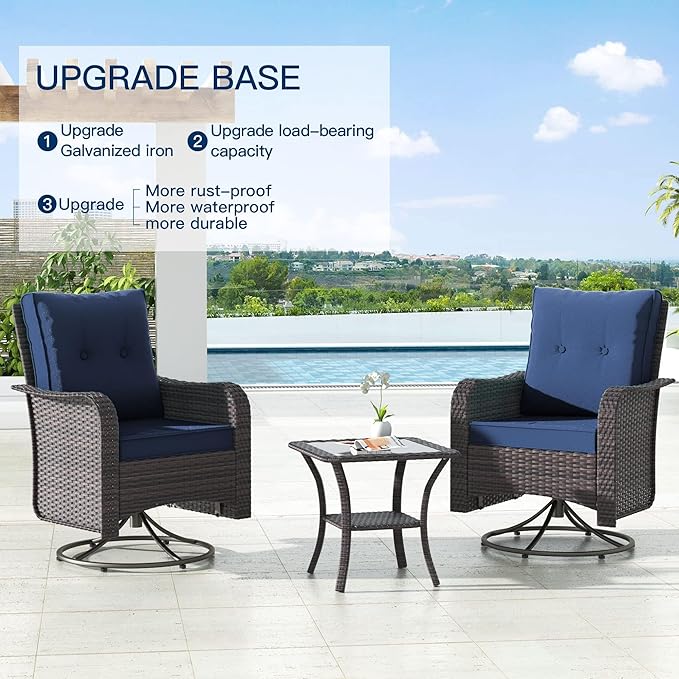 Kullavik 13PCS Outdoor Patio Furniture Set,PE Wicker Rattan Sectional Sofa Patio Conversation Sets with 43" 55000BTU Gas Propane Fire Pit Table,Swivel Rocking Chairs Set,Navy Blue - LeafyLoom