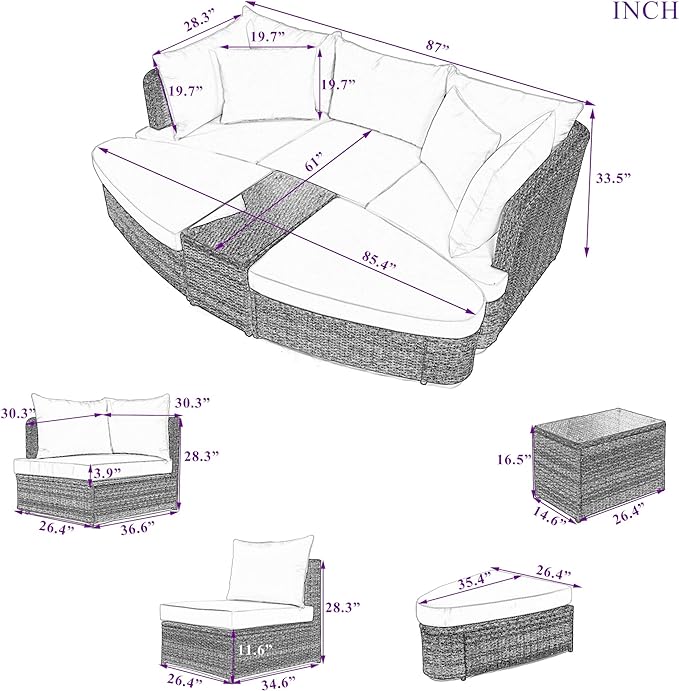 6-Piece Patio Round Sofa Set Rattan Daybed with Coffee Table and Cushions, Outdoor Furniture Conversation Sectional Seating Group for Garden, Poolside, Backyard, Onesize, Beige - LeafyLoom