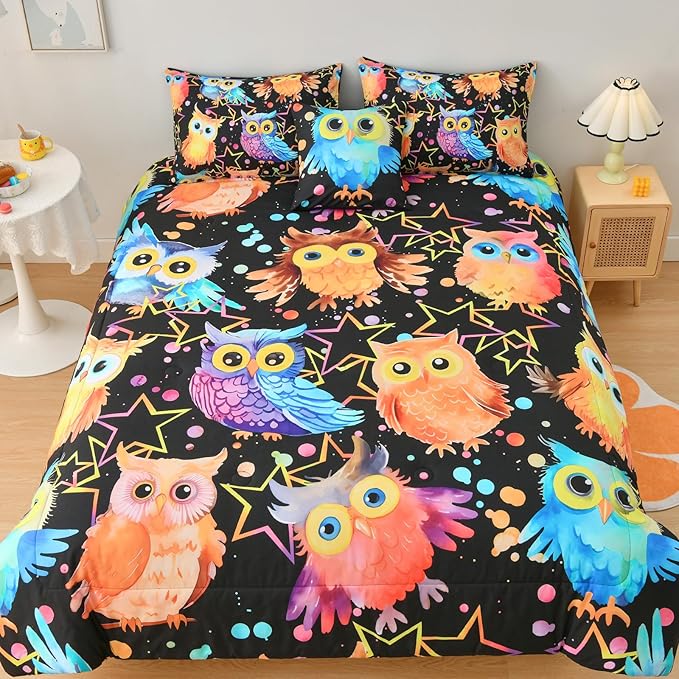 DORCAS Cute Owl Twin Comforter Boys Girls Bedding Sets Twin 6 Pieces Animal Bed-in-A-Bag Twin with Comforter,Sheets,Pillowcases for Kids - LeafyLoom