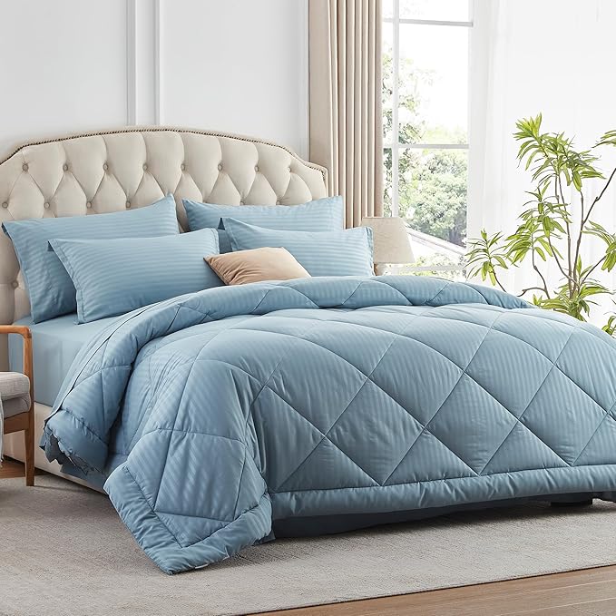 NexHome Blue Grey King Bed in a Bag 7-Pieces Comforter Sets with Comforter and Sheets Soft All Season Bedding Sets with Comforter, Pillow Shams, Flat Sheet, Fitted Sheet and Pillowcases - LeafyLoom