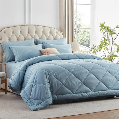 NexHome Blue Grey King Bed in a Bag 7-Pieces Comforter Sets with Comforter and Sheets Soft All Season Bedding Sets with Comforter, Pillow Shams, Flat Sheet, Fitted Sheet and Pillowcases - LeafyLoom