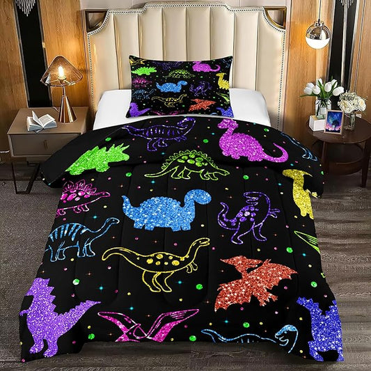 Dinosaur Twin Bedding Set, Cartoon Kids Bedding Dinosaur Twin Size Comforter Set for Boys Teen Soft Breathable Black Dinosaur Comforter Set Twin (1 Comforter 1 Pillowcase) - LeafyLoom