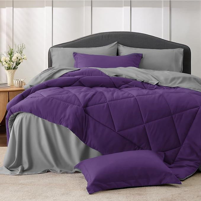 Bedsure Purple California King Comforter Set - 7 Pieces Reversible Bed Set Bed in a Bag California King with Comforters, Sheets, Pillowcases & Shams, California King Bedding Sets - LeafyLoom