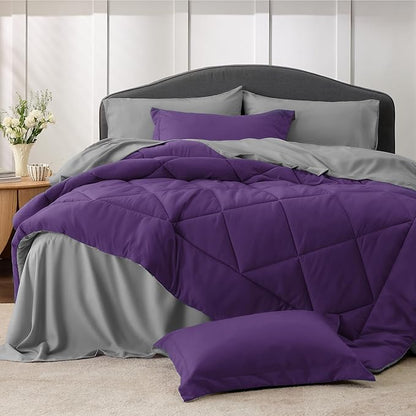 Bedsure Purple Twin Comforter Sets - 5 Pieces Reversible Twin Bedding Sets for College, Purple Extra Long Bed Set Twin with Comforters, Sheets, Pillowcase & Sham - LeafyLoom