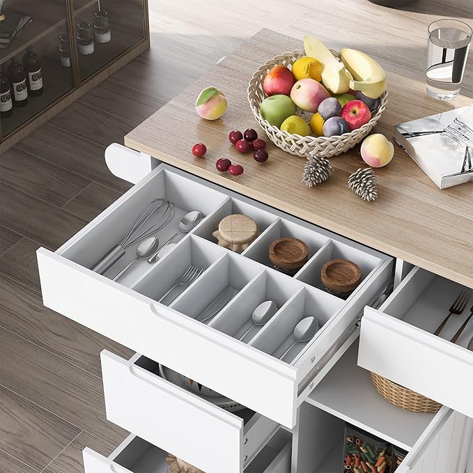 Kitchen Island with Storage, Rolling Table on Wheels w/Handle-Free Drawers Including a Flatware Organizer for Dinning Room, Rubber Wood Contertop - LeafyLoom