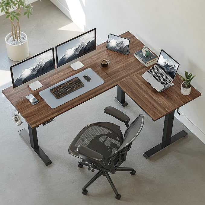 FEZIBO Triple Motor L-Shaped Electric Standing Desk, 75 Inches Height Adjustable Stand up Corner Desk, Sit Stand Workstation with Splice Board, Black Frame/Black Walnut Top - LeafyLoom