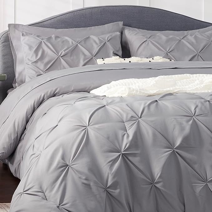 Bedsure King Size Comforter Set - Bedding Set King 7 Pieces, Pintuck Bed in a Bag Grey Bed Set with Comforter, Sheets, Pillowcases & Shams - LeafyLoom