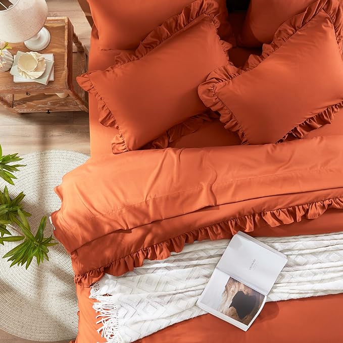 Anluoer Full Comforter Set 7 Piece, Burnt Orange Bed in a Bag with Sheets, All Season Ruffle Shabby Chic Bedding Sets with 1 Comforter, 2 Pillow Shams, 2 Pillowcases, 1 Flat Sheet, 1 Fitted Sheet - LeafyLoom