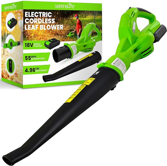 Serenlife Lightweight Cordless Leaf Blower - 18V, 55 MPH Air Speed - Perfect for Decks, Gutter Cleaning, Snow & Small Yards - Rechargeable Battery & Charger Included - Charge Time 4 Hours - Only 5 lbs - LeafyLoom