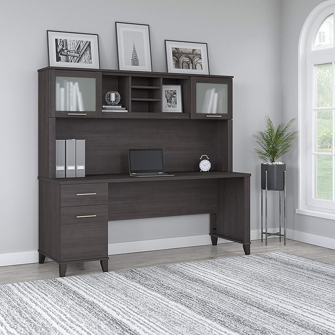 Bush SET018SG Somerset 72-Inch Computer Desk with Drawers and Hutch, Storm Gray - LeafyLoom