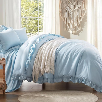 Anluoer Queen Comforter Set 7 Piece, Blue Bed in a Bag with Sheets, All Season Ruffle Shabby Chic Bedding Sets with 1 Comforter, 2 Pillow Shams, 2 Pillowcases, 1 Flat Sheet, 1 Fitted Sheet - LeafyLoom