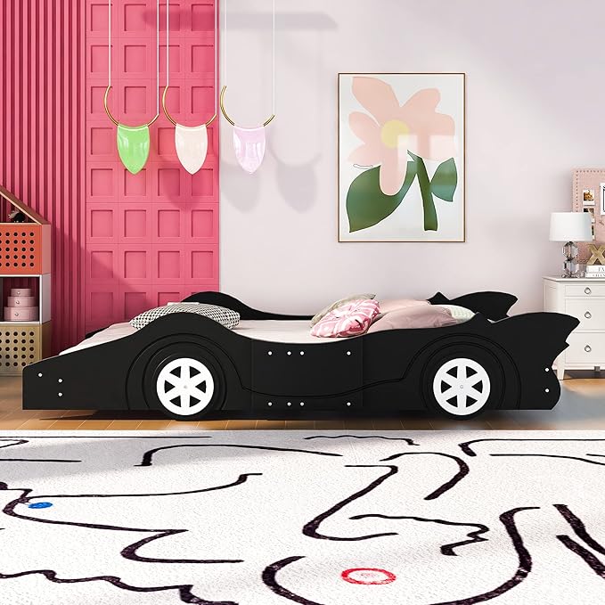 Car Shaped Toddler Bed with Wheels,Racecar Platform Beds W/Safety Guardrail,Slats Support,Stylish Design,Easy Assembly,Wood Full Bedframe for Boys Toddlers Kids Teens Bedroom,Black - LeafyLoom