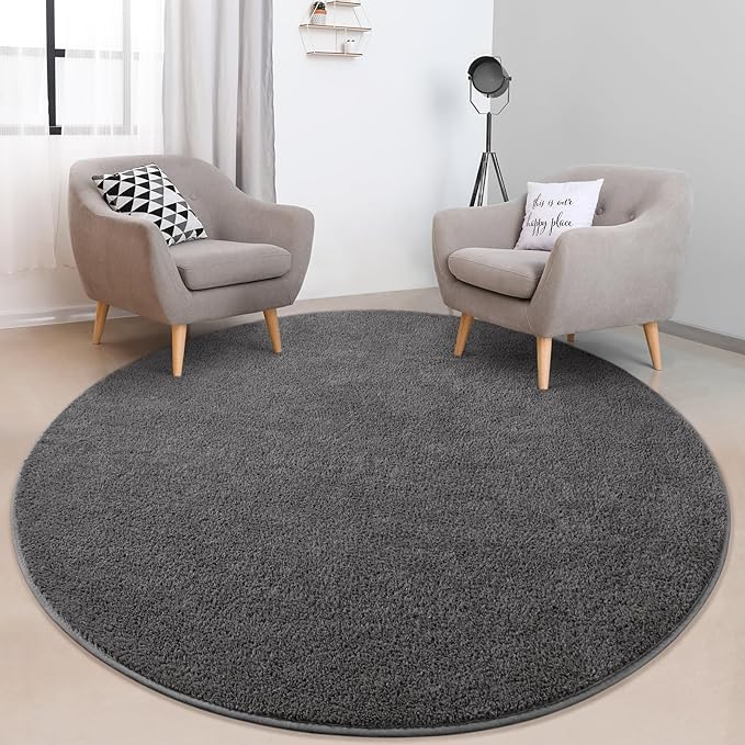 Round Area Rugs for Bedroom Living Room, 6x6 Dark Grey Super Soft Comfy Thickened Memory-Foam Indoor Circle Carpet, Modern Aesthetic Minimalist Carpet for Boys Girls Adults Nursery Home Décor - LeafyLoom