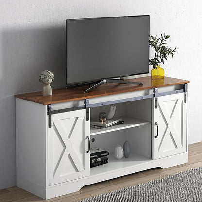 TV Stand with 2 Sliding Barn Doors, 59 Inch Television Stands with Adjustable Shelves for TVs Up to 65", Entertainment Center with Storage for Living Room, Distressed White - LeafyLoom