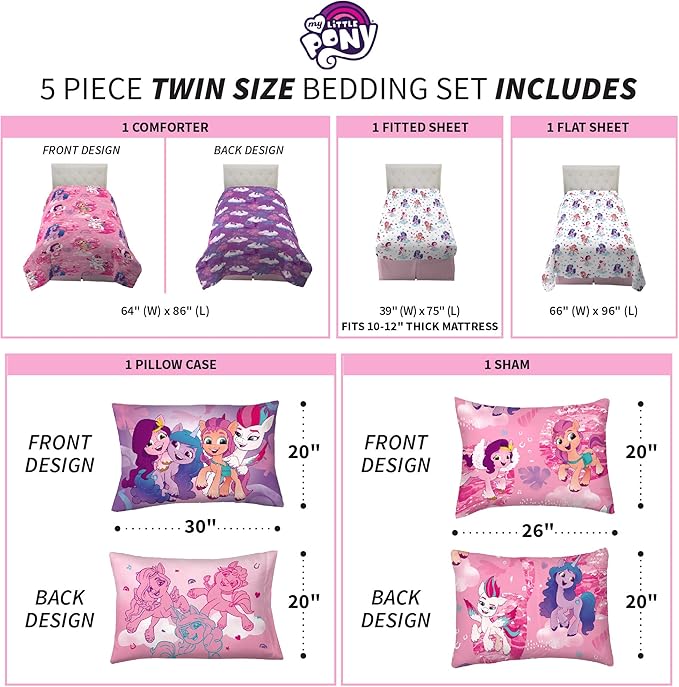 Franco Kids Bedding Super Soft Comforter and Sheet Set with Sham, 5 Piece Twin Size, My Little Pony - LeafyLoom