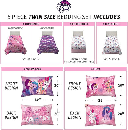 Franco Kids Bedding Super Soft Comforter and Sheet Set with Sham, 5 Piece Twin Size, My Little Pony - LeafyLoom