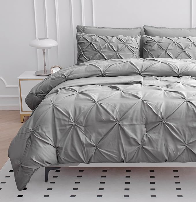 Lane Linen California King Comforter Set, 7 Piece Cal King Bed in a Bag, Pintuck Cal King Bedding Set, Soft Cali King Bed Set, Cal King Bedding Comforter Sets with Sheets, Pillowcases & Shams - Silver - LeafyLoom