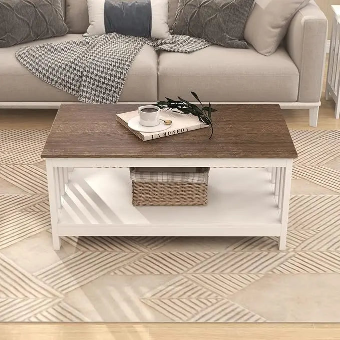 ChooChoo Farmhouse Coffee Table, White Living Room Table with Shelf, 40 Inch - LeafyLoom