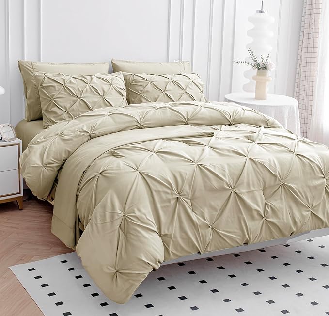 LANE LINEN Twin Comforter Set, 5 Piece Twin Size Bed in a Bag Sets, Pintuck Bedding Sets & Collections with Down Alternative Comforter, Sheets, Pillowcases & Shams, Ultra Soft Twin Bed Set - Linen - LeafyLoom