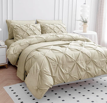 LANE LINEN Twin Comforter Set, 5 Piece Twin Size Bed in a Bag Sets, Pintuck Bedding Sets & Collections with Down Alternative Comforter, Sheets, Pillowcases & Shams, Ultra Soft Twin Bed Set - Linen - LeafyLoom