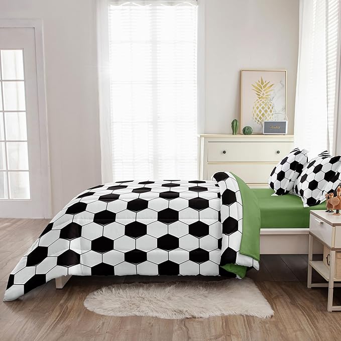 Soccer Comforter Set Twin for Boys Girls, 4 Pieces Soccer Bedding Twin Bed in a Bag Set with Sheets, Black and White Bed Sets for Teenage - LeafyLoom