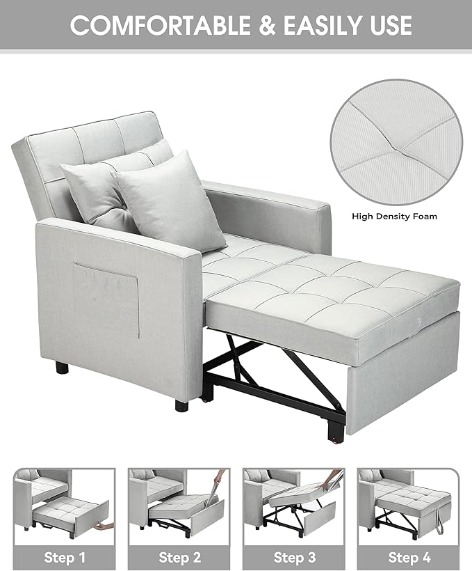 XSPRACER [UPDATED] Convertible Chair Bed, Sleeper Chair Bed 3 in 1, Stepless Adjustable Backrest,Armchair, Sofa, Bed, Linen, Silver, Single One - LeafyLoom