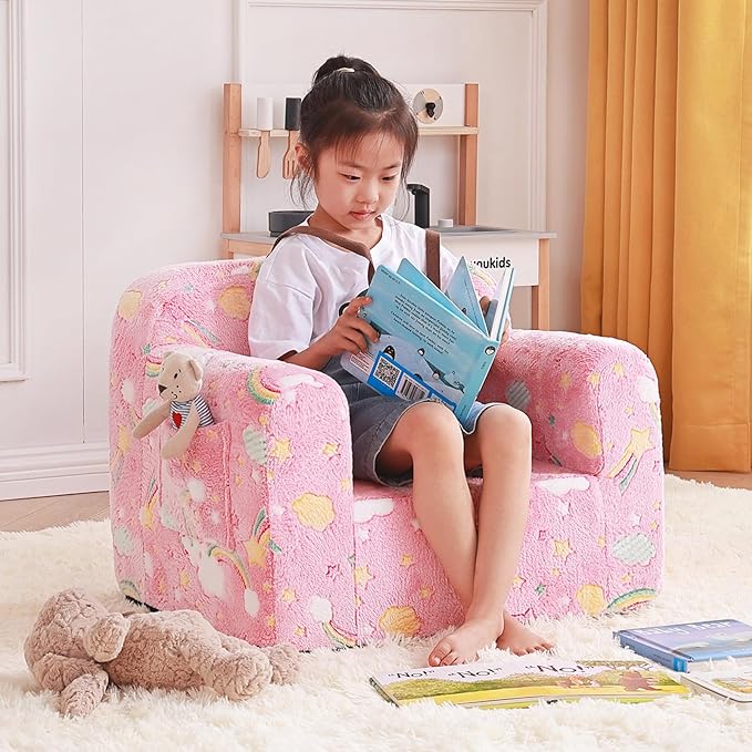 Tiita Kids Sofa, Children Couch with Carrying Handle & Side Pockets, Kids Foam Chair, Toddler Armrest Chair, Lightweight Children Sofa Chair, Kids Read Sofa for Girl or Boy(Pink Rainbow) - LeafyLoom