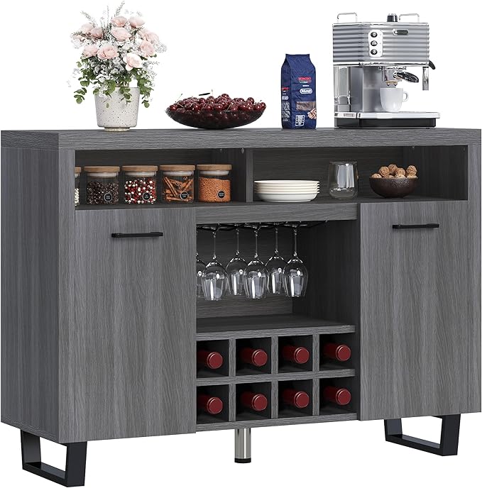 DWVO Coffee Bar Cabinet, 47" Modern Sideboard Buffet Cabinet with Storage, Wine Bar Cabinets with Wine and Glass Rack, Console Table for Kitchen & Living Room, Grey Oak - LeafyLoom