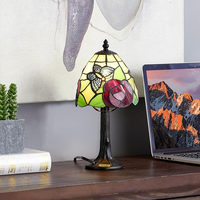 Stained Glass Butterfly with rose Design Table or Desk Light, Tiffany Style mini table Lamp-LED Bulb Included-Vintage Look Colorful Accent Decor - LeafyLoom