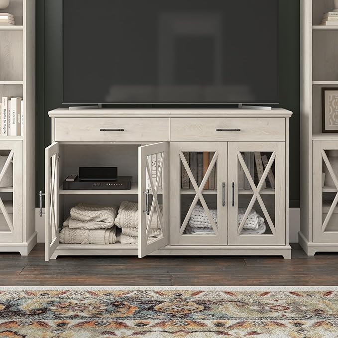 Bush Furniture Lennox Farmhouse Stand for 75 Inch TV | Living Room Entertainment Center with Storage, 60W, Linen White Oak - LeafyLoom