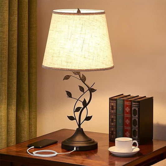 Kakanuo USB Charging Bedside Nightstand Lamp for Living Room and Bedroom - Traditional Tall Retro Desk Lamp with USB-A and USB-C Ports - LeafyLoom