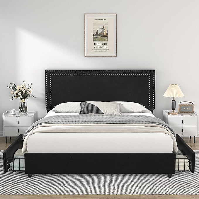 VECELO Full Size Upholstered Platform Bed Frame with 4 Storage Drawers, Adjustable Velvet Rivets Headboard, Wooden Slats Support, No Box Spring Needed, Easy Assembly - LeafyLoom