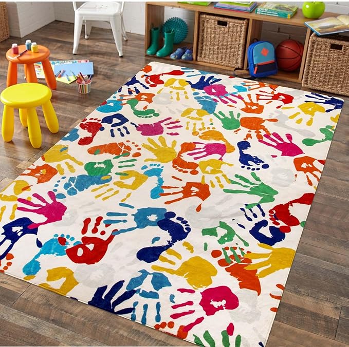 Large Colorful Kids Rug 6x9 Ft, Non-Slip Washable Rug for Classroom, Handprints and Footprints Rugs for Playroom, Soft Nursery Rug Indoor Play Mat for Kids Room Daycare School - LeafyLoom