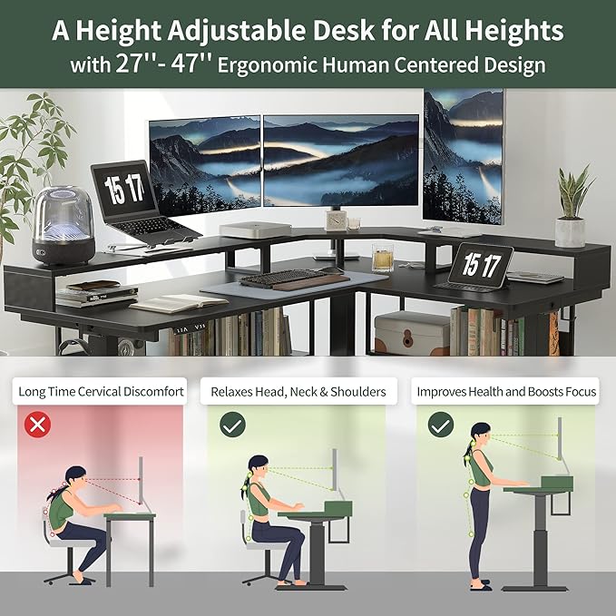 FEZIBO 63Inch L Shaped Standing Desk with Shelves, Large Storage Adjustable Desk with Triple Motors,Corner Desk Double Shelves with Light Strip, Black - LeafyLoom