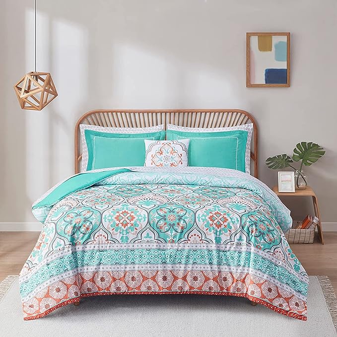 Degrees of Comfort Full Size Comforter Sets with Sheets Floral, Aqua Boho Complete Bedding Set for teen girls, Microfiber 8 Piece Bed in a Bag with Side Pockets, Matching Decorative Pillow - LeafyLoom