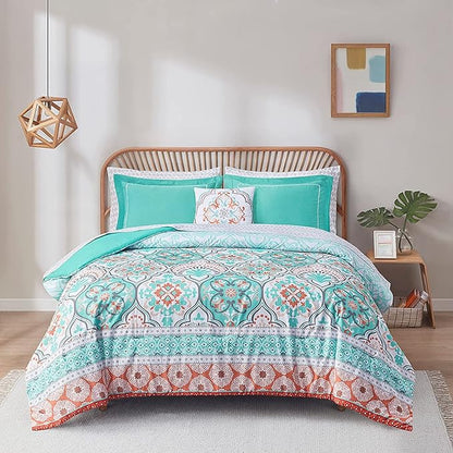 Degrees of Comfort Full Size Comforter Sets with Sheets Floral, Aqua Boho Complete Bedding Set for teen girls, Microfiber 8 Piece Bed in a Bag with Side Pockets, Matching Decorative Pillow - LeafyLoom