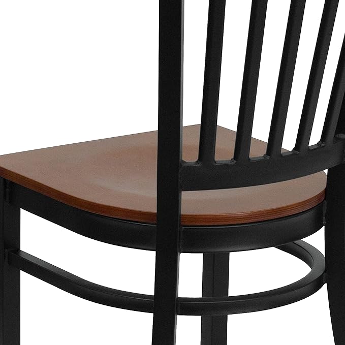 Flash Furniture HERCULES Series Black Vertical Back Metal Restaurant Chair - Cherry Wood Seat - LeafyLoom