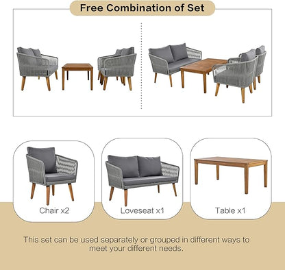 4-Piece, Outdoor Furniture with Loveseat, 2 Chairs and Table, Patio Conversation Set Deep Seating with Thick Backyard Porch Balcony, Zh-Dark Grey Cushion + Grey Rope - LeafyLoom