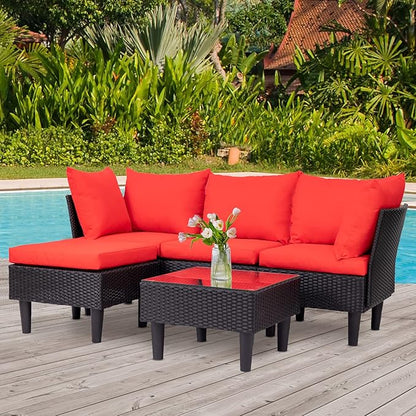 FDW Patio Furniture Sets 5 Pieces Outdoor Wicker Conversation Set Sectional Sofa Rattan Chair for Outdoor Backyard Porch Poolside Balcony Garden Furniture with Coffee Table,Red Cushion - LeafyLoom