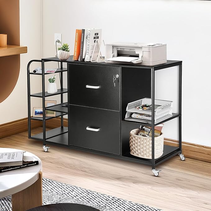 Lateral File Cabinet, 2 Drawer Mobile Filing Cabinet with Outlet, Open Storage Side Shelves, Locking Drawer Fits A4/Letter/Legal Size File Cabinets for Home Office, Black - LeafyLoom