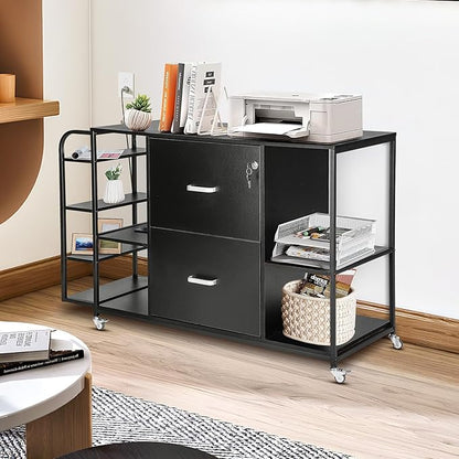 Lateral File Cabinet, 2 Drawer Mobile Filing Cabinet with Outlet, Open Storage Side Shelves, Locking Drawer Fits A4/Letter/Legal Size File Cabinets for Home Office, Black - LeafyLoom