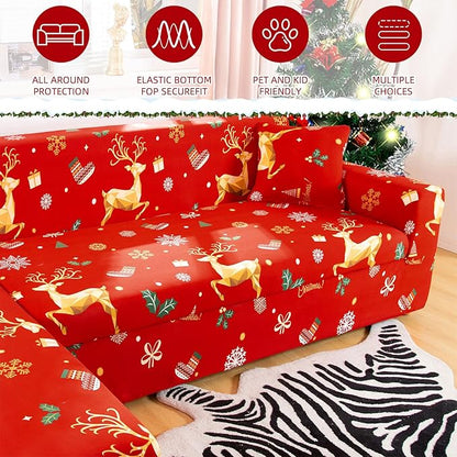 Mybedsoul Christmas Printed Red Sofa Cover Reindeer Printed Elastic Couch Cover Machine Washable Christmas Theme Red Sofa Slipcover for Living Room(3 Seater/Loveseat) Mybedsoul