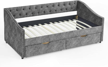 Twin Size Upholstered Daybed with Two Storage Trundle Drawers, Wooden Sofa Bed w/Button Tufted Backrest and Waved Shape Arms, No Box Spring Needed, for Living Room, Bedroom, Dorm, Grey - LeafyLoom