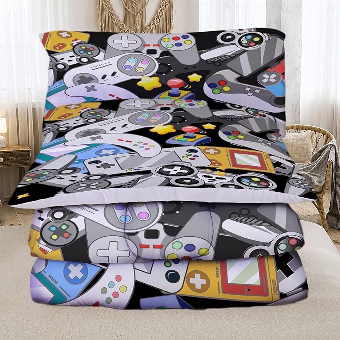 Sunnycitron Gaming Comforter for Boys Teen Gamer Comforter Queen Size Gaming Bedding Kids Bed Comforter set Boys Bedding quilt Down Alternative Comforter Game Room Decor,1 Comforter +2Pillowcase - LeafyLoom