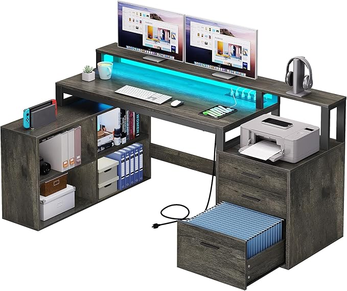 DWVO L Shaped Desk with Power Outlets & LED Lights, 65" Computer Desk with Drawers, Corner Desk Office Desk with File Cabinet & Printer Stand, Grey - LeafyLoom