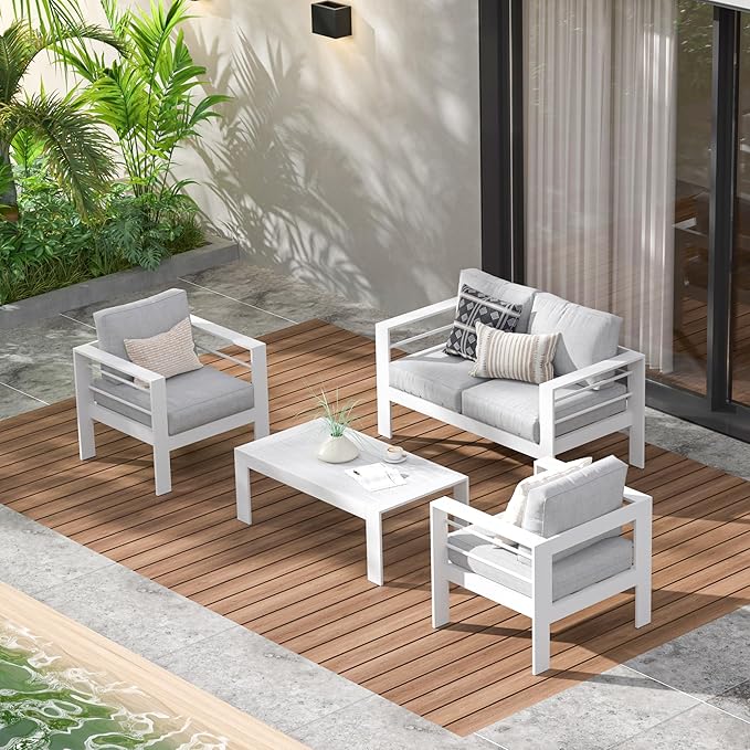 Wisteria Lane Outdoor Patio Furniture Set, 4 Pieces Aluminum Sectional Sofa, Metal Patio Conversation Set with Loveseat, 5 Inch Light Grey Cushion and Coffee Table (White & Light Grey) - LeafyLoom