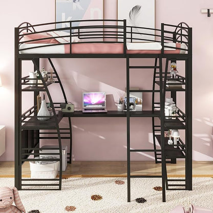 RITSU Twin Size Loft Bed with Storage 4 Layers Shelves and L-Shaped Desk, Strong Metal Bedframe, USB Ports Sockets and Wireless Charging, for Children's Room, Teens, Black - LeafyLoom