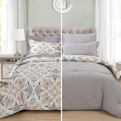 EMME Twin Comforter Set - Grey White Floral Bedding Set 5 PCS with Geometric Flowers Pattern, Soft Plant Printed Botanical Bed Set with Sheets,Fluffy Bed Bag for All Season(68"X90") - LeafyLoom